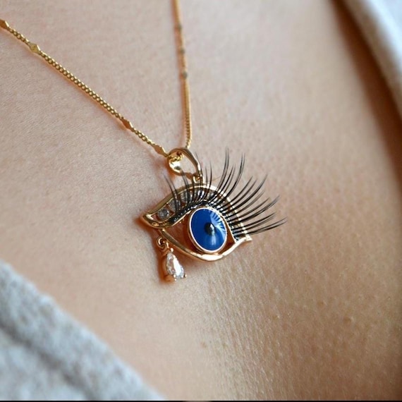 Evil Eye Necklace Gold, Blue Nazar Eye Pendant with Lashes, Protection Charm Jewelry, Statement Lucky Gift for Her