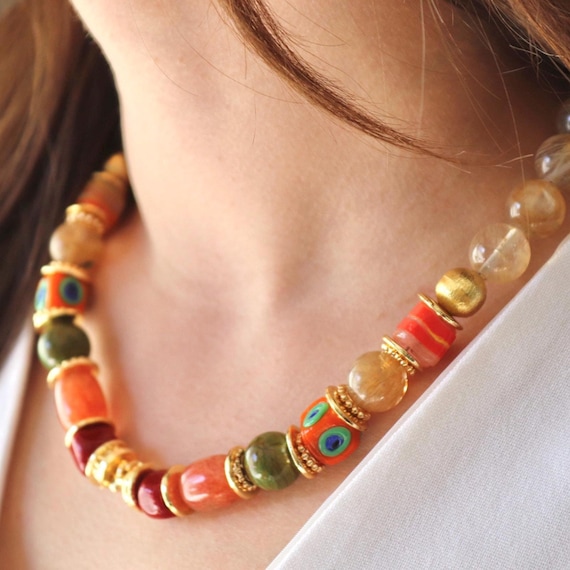 Colorful Evil Eye Necklace,Boho Gemstone Beaded Necklace, Rutilated Quartz & Glass Beads, Bold Statement Jewelry Gift for Her, Fine Jewelry