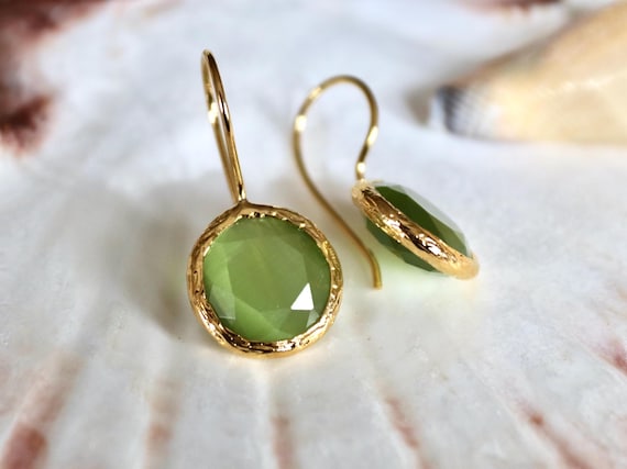 Green Gemstone Dangle Earrings ,Faceted Teardrop Design in Gold Plated Brass, Lightweight Boho Jewelry Gift for Her