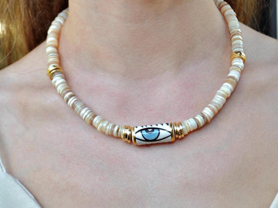 Shell Pearl Beaded Necklace, Minimal Boho Summer Jewelry, Handmade Beach Necklace