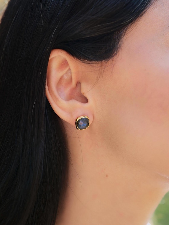 Gold-Plated Labradorite Stud Earrings, Handmade Labradorite Brass Studs Labradorite Gemstone Earrings , Gift for her