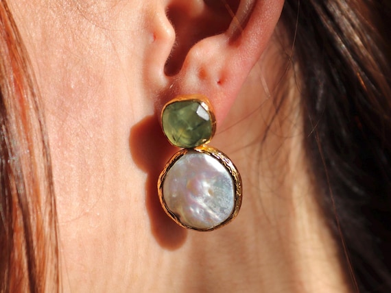 Prehnite and Baroque Pearl Earrings · Gold Stud Earrings · Natural Gemstone Jewelry · Handmade Bridal Gift · Elegant Statement Studs