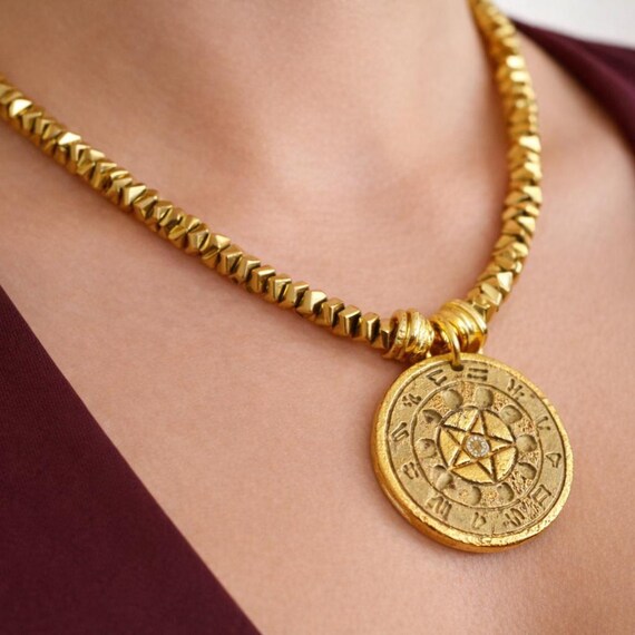 Gold Coin Necklace Statement Pendant, Vintage Amulet Medallion Necklace, Chunky Gold Beaded Boho Jewelry, Gift for Her