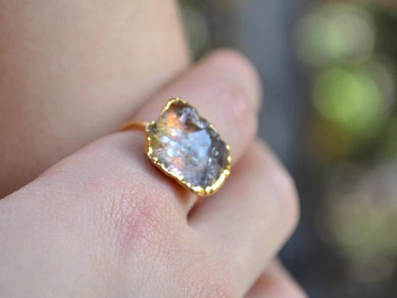 Raw Labradorite Ring, Natural Brown Grey Gemstone Gold Plated Adjustable Ring, Unique Handmade Jewelry, Gift for Her