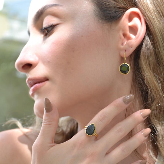 Black Cat Eye Jewelry Set, Gold Plated Drop Earrings & Adjustable Ring, Modern Dark Stone Gift for Her