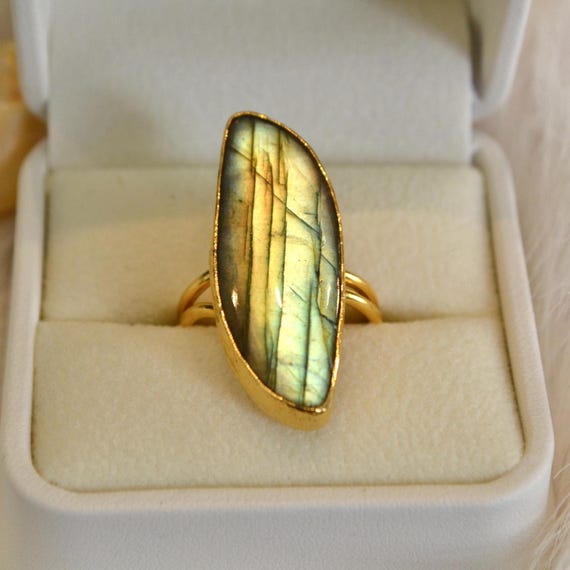 Labradorite Gold Ring Large Labradorite Statement Ring Natural Labradorite Gemstone Ring Handmade Gold Jewelry Gift for Her