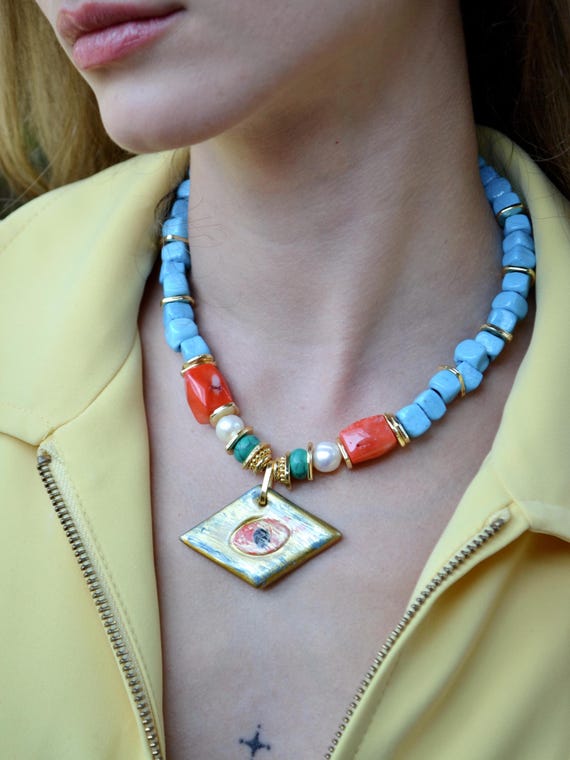 Handmade Ceramic Pendant Necklace, Turquoise Beaded Boho Statement Necklace