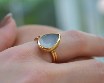 Moonstone Teardrop Ring, Adjustable Gold Plated Band, Natural Gemstone Jewelry Gift for Her
