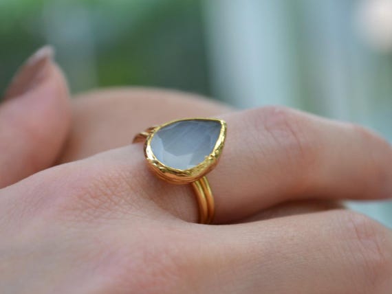 Moonstone Teardrop Ring, Adjustable Gold Plated Band, Natural Gemstone Jewelry Gift for Her