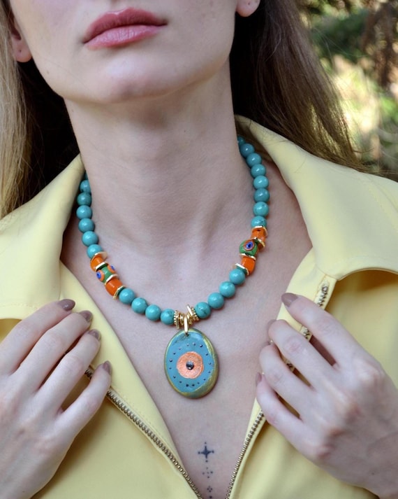 Turquoise Beaded Necklace with Ceramic Pendant, Boho Summer Statement Necklace