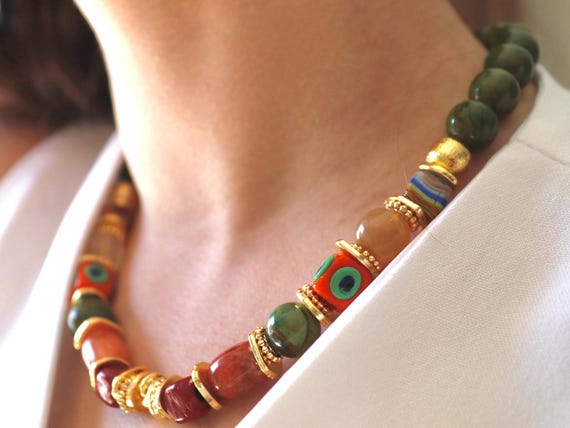 Colorful Gemstone Beaded Necklace, Fine Jewelry, Boho Evil Eye Statement Jewelry, Rutilated Quartz, Carnelian & Jade,Bold Gift for Her,