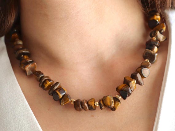 Tiger Eye Chunky Gemstone Necklace, Handmade Boho Statement Jewelry, Earthy Brown Crystal Choker ,Healing Stone Gift for Her , Fine Jewelry