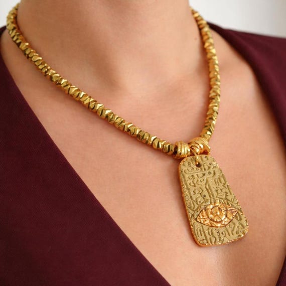 Gold Statement Necklace, Eye Pendant Necklace, Egyptian Style Amulet Necklace, Chunky Gold Beaded Necklace, Bold Boho Jewelry Gift for Her
