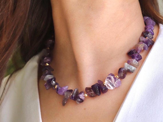 Raw Amethyst Chip Necklace: Handmade February Birthstone Jewelry, 22K Gold Accents, Boho Healing Crystal