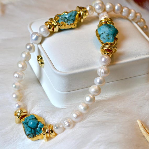 Baroque Pearl Turquoise Necklace, Gold Accent Gemstone Jewelry, Elegant Ocean Inspired Piece