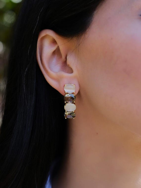 Gold Dangle Earrings, Moonstone & Smoky Quartz Drop Earrings,Handmade Gemstone Jewelry,Statement Earrings Gift for Her,Elegant Jewelry