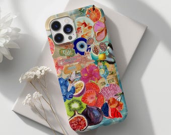 Fruity Summer Coastal Seashell Aesthetic Collage Preppy Phone Case, Dolce La Vita Holiday Summer Themed Cover iPhone 16 15 14 13 12 Pro Max