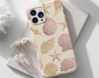Summer Seashell Phone Case, Coastal Beach Collage Minimal Shell Pattern iPhone Samsung Protective Cover