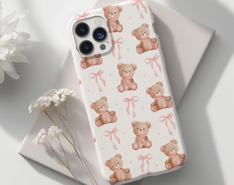 Coquette Teddy Bear Phone Case, Pink Bow Ribbon