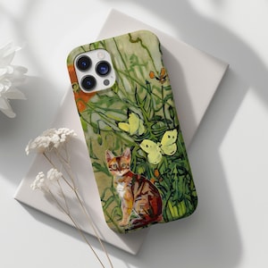 Cute Cat Butterfly Nature Watercolor Painting Effect Phone Case,Protective Cover iphone 16 15 14 13 12 11 Pro Max,Samsung S23 S24 Ultra Case