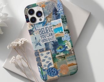 Believe Yourself Beachy Blue Art Aesthetic Collage Phone Case, Trendy and Preppy iPhone 16 15 14 13 12 11 Pro Max 8 Plus X, Samsung S24 23