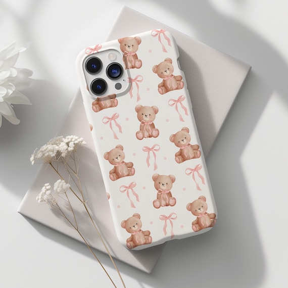 Coquette Teddy Pink Bear Phone Case, Coquette Aesthetic Bow Ribbon