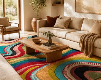 May include: A colorful area rug with a wavy, abstract design in shades of red, yellow, blue, and green. The rug is placed in a living room setting with a wooden coffee table, a beige sofa, and a large window.