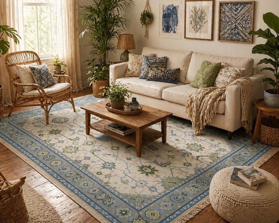 8x10 Boho Area Rug, Blue Beige Vintage Style Rug, Washable Living Room ...