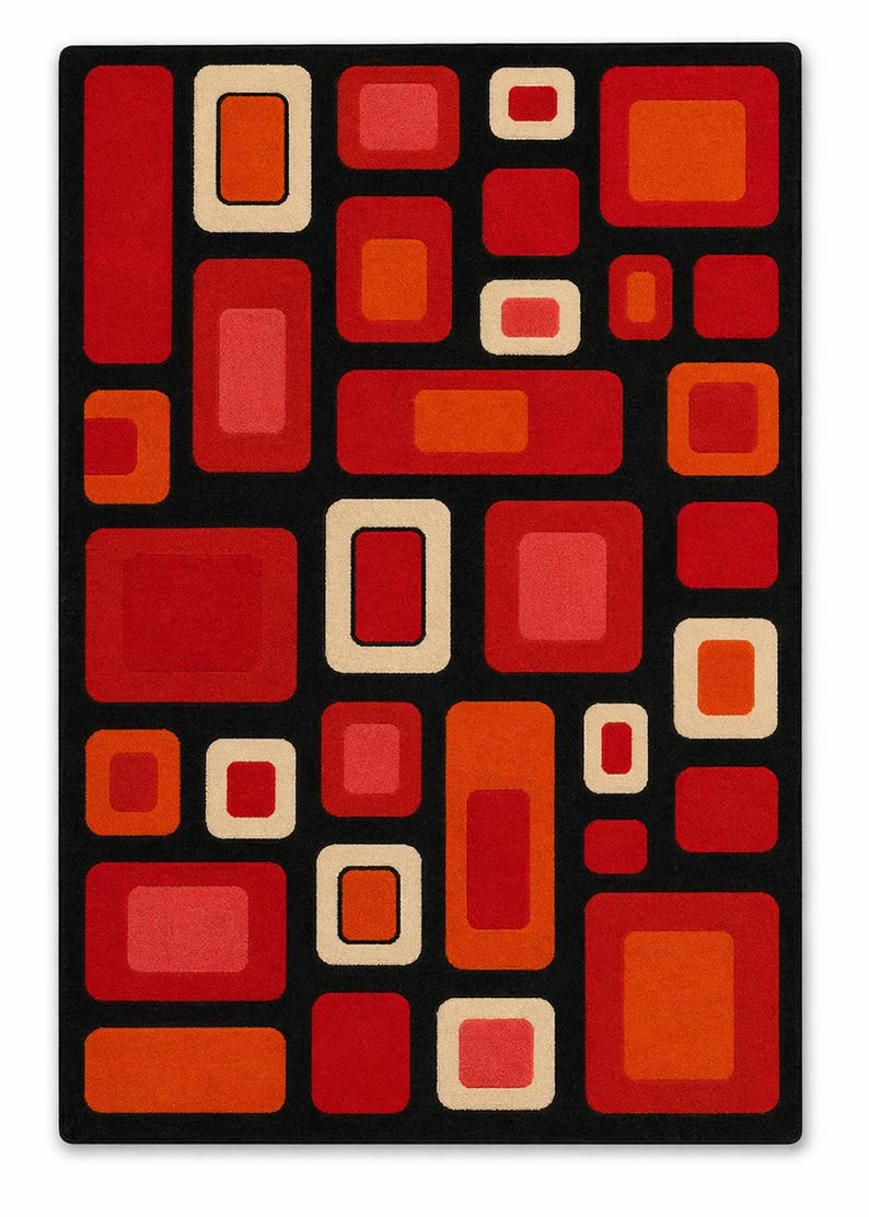 Modern Rug Red Pattern Mid Century Modern Rug 8x10, Hand Tufted Wool Geometric Area Rug, Retro ...
