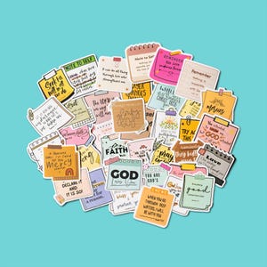 May include: A collection of colorful stickers with inspirational quotes and religious themes. The stickers feature various shapes and sizes, with text like "Faith," "God," and "Love." The background is a solid light blue.