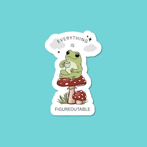 May include: A sticker featuring a green frog sitting on a red mushroom, holding a cup. The sticker has the text "EVERYTHING IS FIGUREOUTABLE" in a cloud-shaped design with stars.