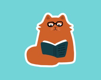 Orange Cat Reading Vinyl Sticker | Funny Cat Decal For Water Bottle, Laptop, Kindle
