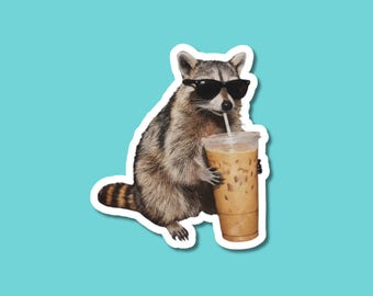 Raccoon Drinking Iced Coffee Sticker | Funny Animal Meme Decal For Laptop, Water Bottle, Kindle