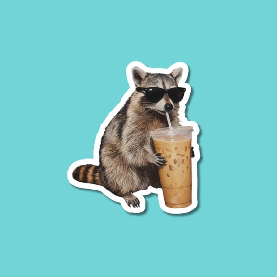 Raccoon Drinking Iced Coffee Sticker | Funny Animal Meme Decal For Laptop, Water Bottle, Kindle