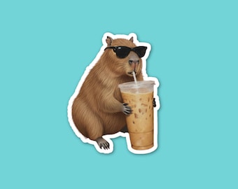 Capybara Drinking Iced Coffee Sticker | Funny Animal Meme Decal For Laptop, Water Bottle, Kindle