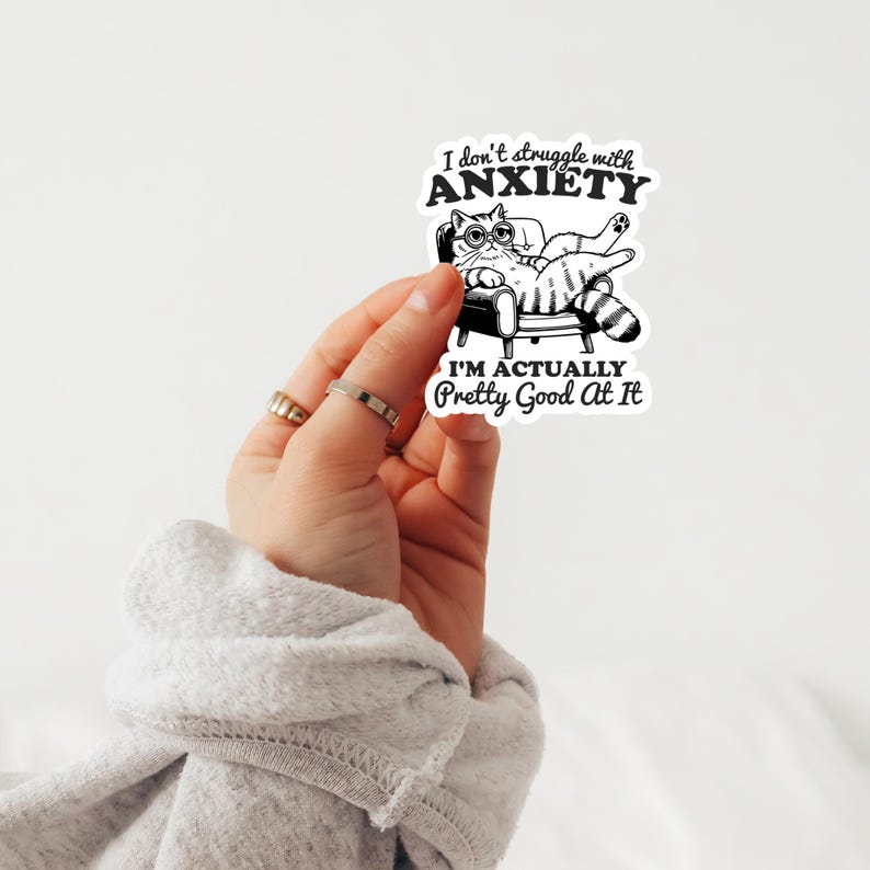 Funny Anxiety Cat Sticker | Cat Meme Decal | Mental Health Humor ...
