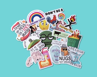 May include: A collection of colorful stickers with various designs and text on a light blue background. The stickers feature images of a rainbow, a rooster, a hot pepper, and phrases like "I'm not a hot mess, I'm a spicy disaster."