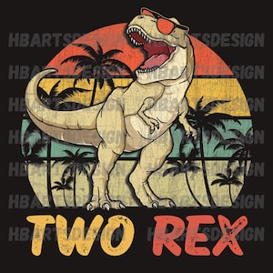 May include: A retro-style illustration of a green dinosaur wearing sunglasses in front of a sunset with palm trees. The text "TWO REX" is below the dinosaur.