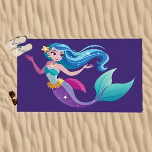 Mermaid Beach Towel, Kids Bath Towel, Ocean Theme Gift, Summer Swim Towel, Cartoon Sea Towel, Cute Mermaid Print, Toddler Mermaid Towel