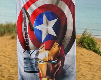 Superhjältestrandhandduk, slitstark, bekväm, present, Iron Man, Captain America, Thor, Captain America Shield, unik och snygg