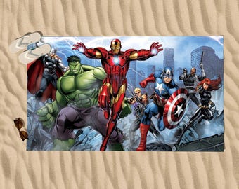 Strandhandduk, superhjältehandduk, present till serietidningshjälte, Hulken, Ironman Thor, strandpresent till barn, Captain America, poolhandduk för pojkar, presentidé