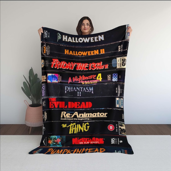 Horror Movie Blanket, Vintage Slasher Film Stack Design, Halloween Cult Cinema Art