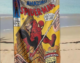 スパイダーマンタオル、コミックヒーロータオル、スーパーヒーローバスタオル、アメイジングスパイダーマンアート、キッズヒーロータオル、ヒーローギフトタオル、デイリービューグルデザイン