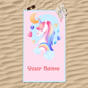 Unicorn Beach Towel, Kids Pool Towel, Custom Name Towel, Pink Unicorn Gift, Girls Beach Towel, Cute Rainbow Towel, Personalized Towel