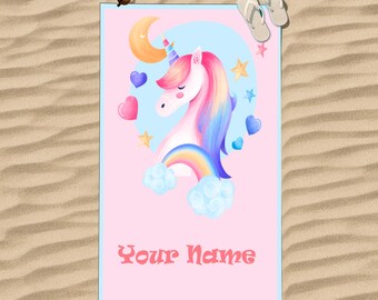 Unicorn Beach Towel, Kids Pool Towel, Custom Name Towel, Pink Unicorn Gift, Girls Beach Towel, Cute Rainbow Towel, Personalized Towel