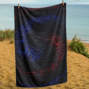 Abstraktes Strandtuch, futuristisches Sci-Fi-Handtuch, rotes und blaues Neon-Drahtgitterdesign, weiches und saugfähiges Badetuch, Gamer-Ästhetik-Handtuch