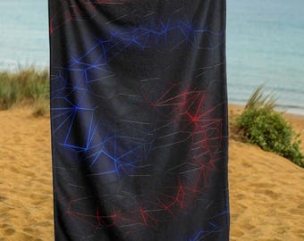 Abstract Beach Towel, Futuristic Sci-Fi Towel, Red and Blue Neon Wireframe Design, Soft and Absorbent Bath Towel, Gamer Aesthetic Towel