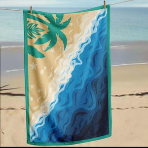 Beach Scene Towel, Ocean Wave Towel, Tropical Palm Towel, Coastal Beach Towel, Vacation Ready Towel, Sea Shore Design, Fun Beach Towel