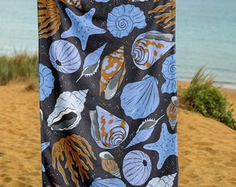 Sea Shell Towel, Ocean Print Towel, Coastal Decor, Starfish Towel, Nautical Style, Seashell Gift, Summer Bath Towel, Ocean Theme Decor