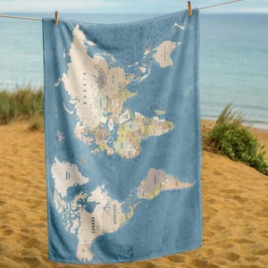Handdoek wereldkaart, strandkaarthanddoek, reiscadeau, handdoek print kaart, kleurrijk kaartontwerp, handdoek aardrijkskunde, zachte katoenen handdoek, cadeau kaartliefhebber